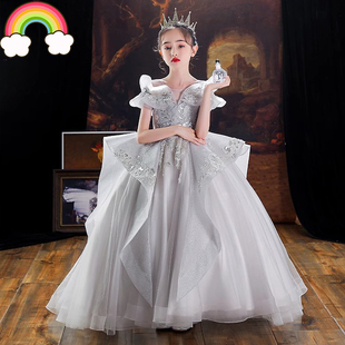 高定儿童礼服公主裙女童钢琴原创灰色拖尾主持人唱歌演讲比赛走秀