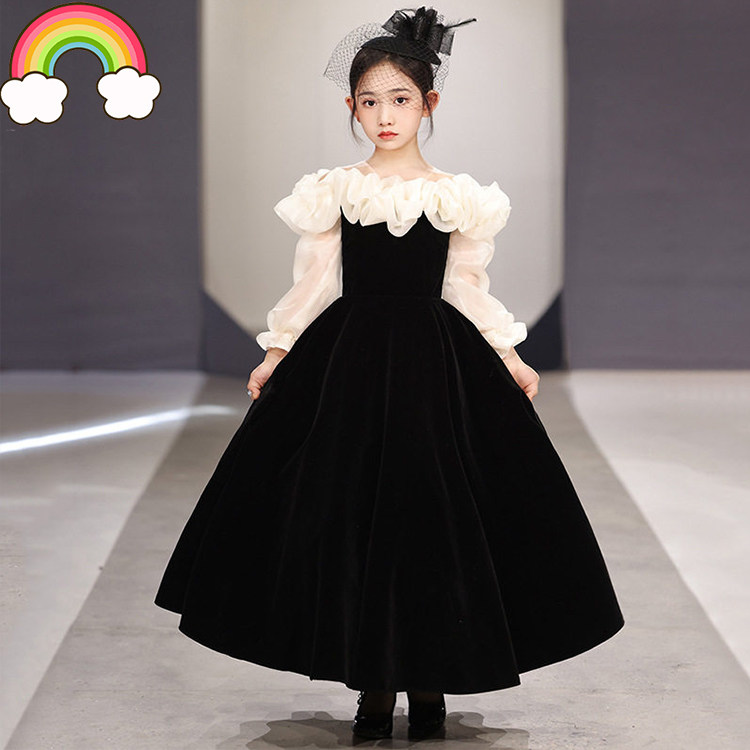 高端黑色赫本风生日宴晚礼服女童公主裙儿童主持人钢琴演奏演出