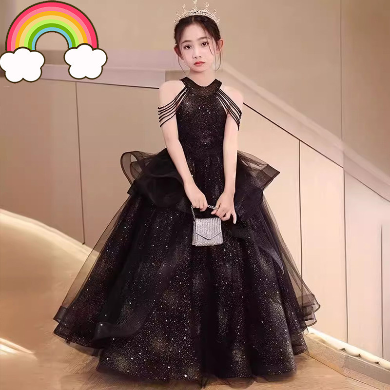 高端黑色原创儿童礼服女童唱歌朗读公主裙主持人学生小提琴演出服