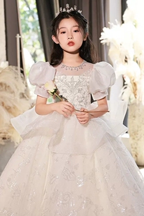 高定儿童主持人长款公主裙花童原创大童礼服女童唱歌演讲比赛长裙