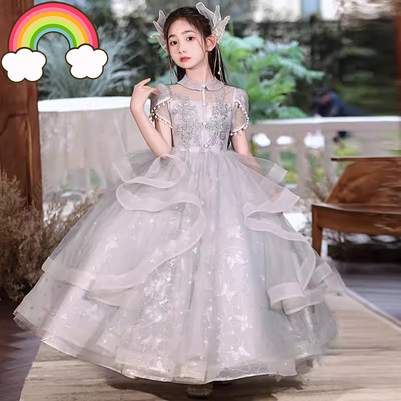 高端女童礼服轻奢小众灰色