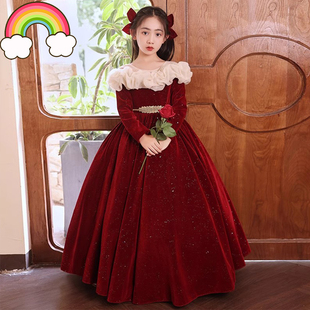 高定儿童礼服红色长袖女童公主裙2025新款大童演讲朗读比赛主持人