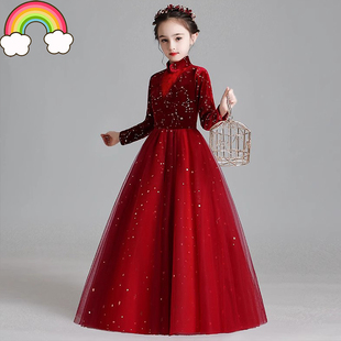 高定儿童礼服公主裙女童红色长袖新年唱歌演讲比赛主持人钢琴演出
