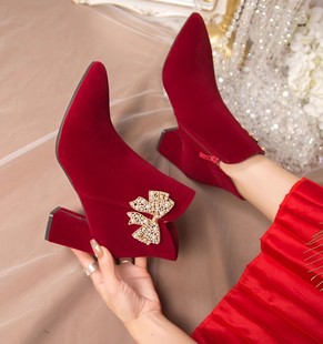 粗跟红色新娘秀禾婚纱两穿结婚短靴子不累高跟女鞋 女新款 婚鞋 冬季
