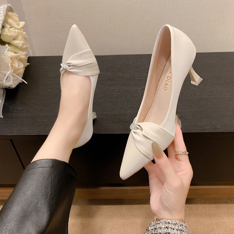 高级感高跟鞋女细跟5公分小跟鞋浅口尖头主持礼仪软皮不累脚单鞋