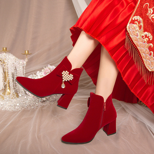 新娘红色高跟鞋 新款 冬天结婚靴子秀禾婚纱两穿 女2023冬季 玖玖婚鞋