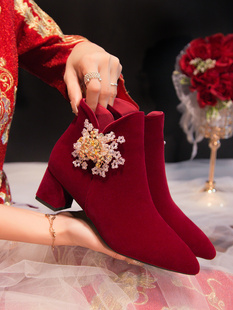 秀禾服婚纱两穿高跟敬酒鞋 冬季 靴子新娘鞋 女2023年新款 加绒婚鞋