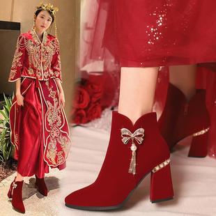 粗跟新娘结婚靴子秀禾婚纱两穿红色高跟鞋 女2023新款 短靴 婚鞋 冬季