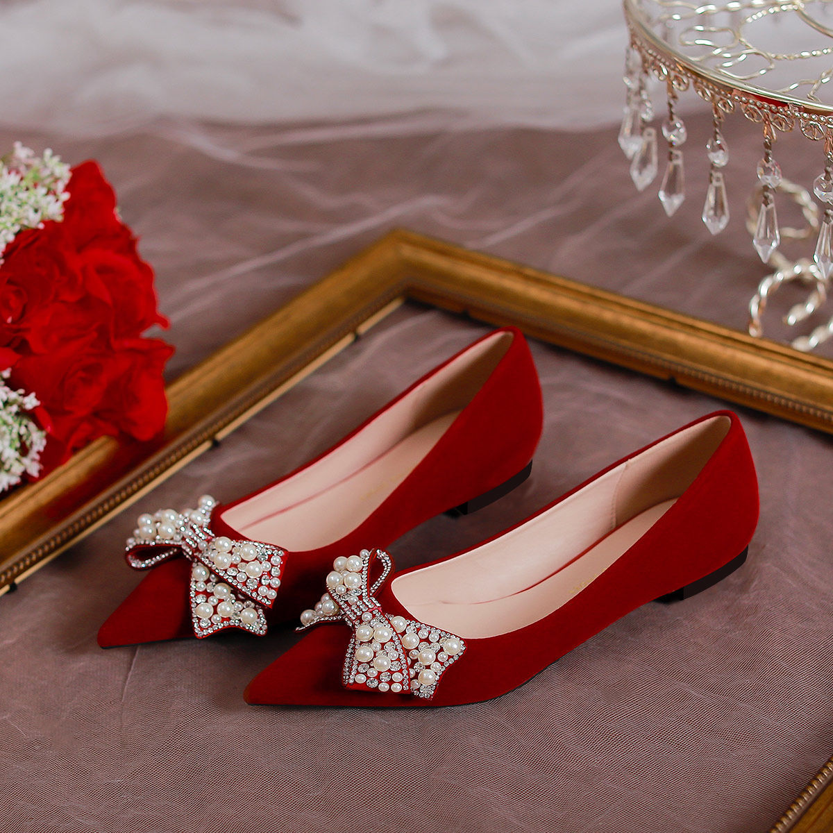 酒红色秀禾服婚鞋女红色平底新娘鞋孕妇可穿敬酒服鞋子婚礼单鞋夏