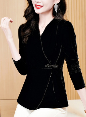 金丝绒高档上衣秋季新款收腰显瘦洋气小衫交叉V领盘扣长袖打底衫