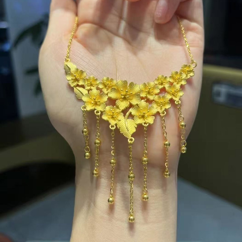金店同款沙金仿真古法金色繁花似锦项链女新中式结婚三金五金首饰