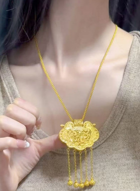 金店同款沙金天子门生龙凤平安锁包流苏吊坠项链结婚三金五金首饰