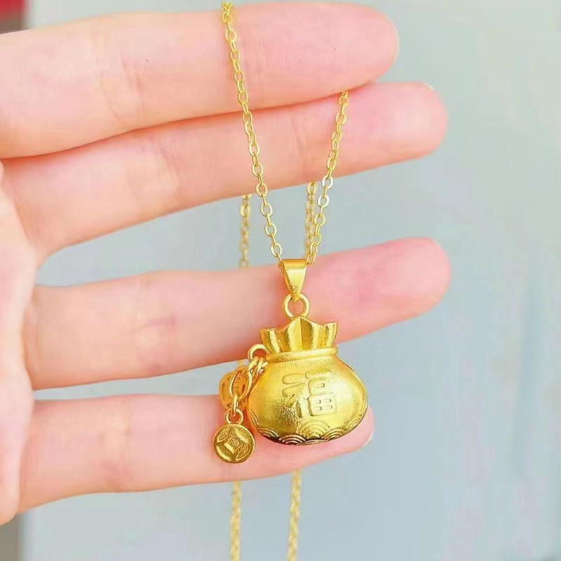 沙金金色项链吊坠福气钱袋仿真钢印3d沙金福满袋挂坠结婚首饰女