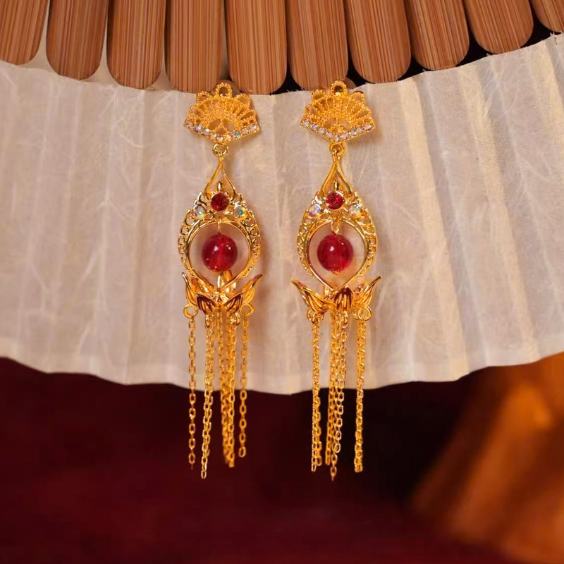 金店同款沙金仿真古法金色流苏耳环女新中式结婚三金五金首饰耳饰