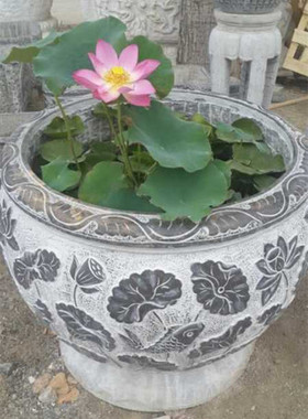 曲阳石雕石雕鱼缸天然青石石头缸庭院户外中式仿古荷花圆形养鱼盆