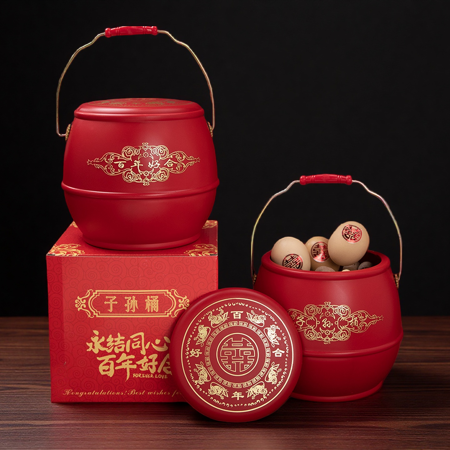 结婚新娘陪嫁子孙桶红桶