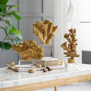 Powkhome出口美国创意树脂金色珊瑚摆件 地中海风格桌面摆饰三款