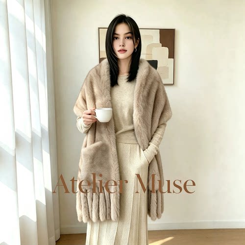 环保貂绒流苏斗篷披肩女