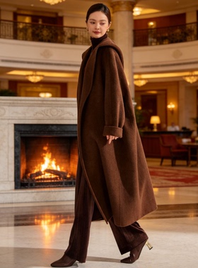 26新款双面呢大衣女长款过膝真丝羊毛连帽浴袍外套慵懒垂坠感贵妇