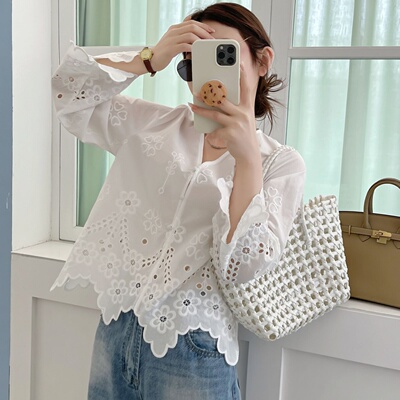 法式重工刺绣V领长袖减龄女衬衫