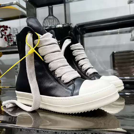 Round Owens High-Top Shoes for Men, Genuine Leather, Thick Laces, Thick Soles, Height-Increasing Casual High Street Sneakers, Short Boots for Women, Trendy Brand