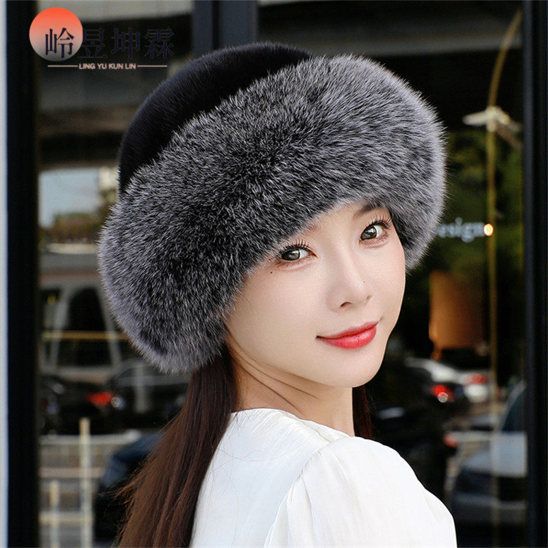 新款水貂皮草帽子女冬天狐狸边保暖帽子狐狸毛帽檐公主帽貂皮帽子