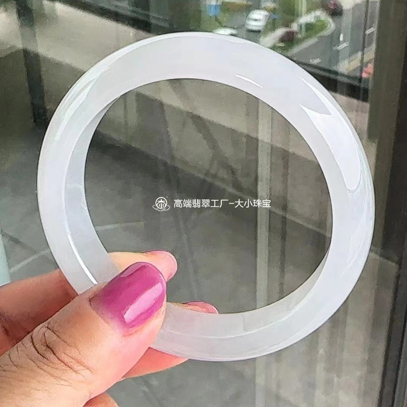 大小珠宝冰糯种白月光天然翡翠手镯正圈53.5缅甸A货细腻干净无暇