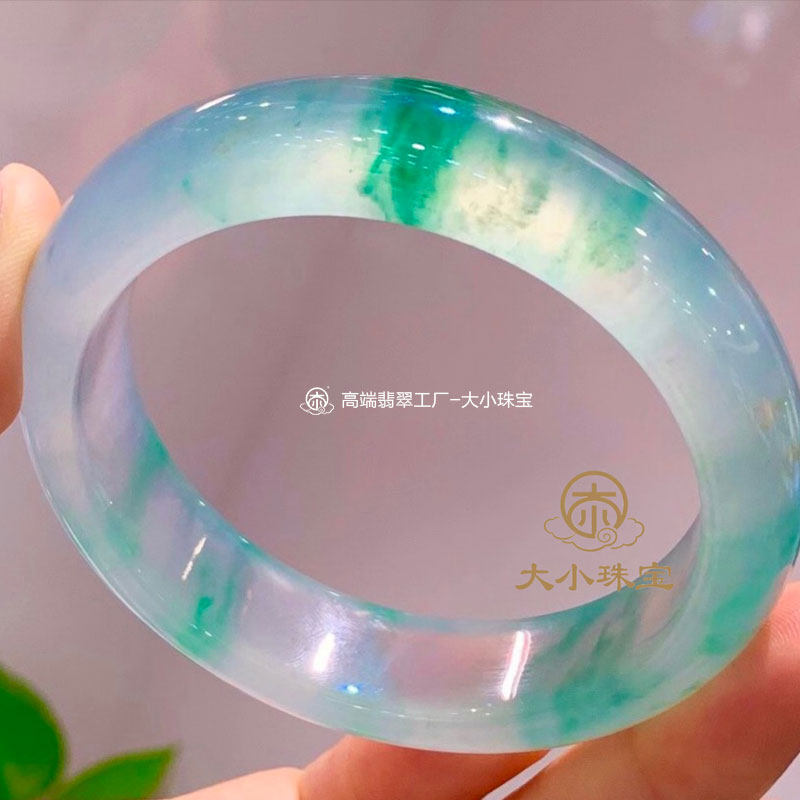 大小珠宝高冰种起荧光飘绿花天然翡翠手镯正圈54.5老坑缅甸玉镯子