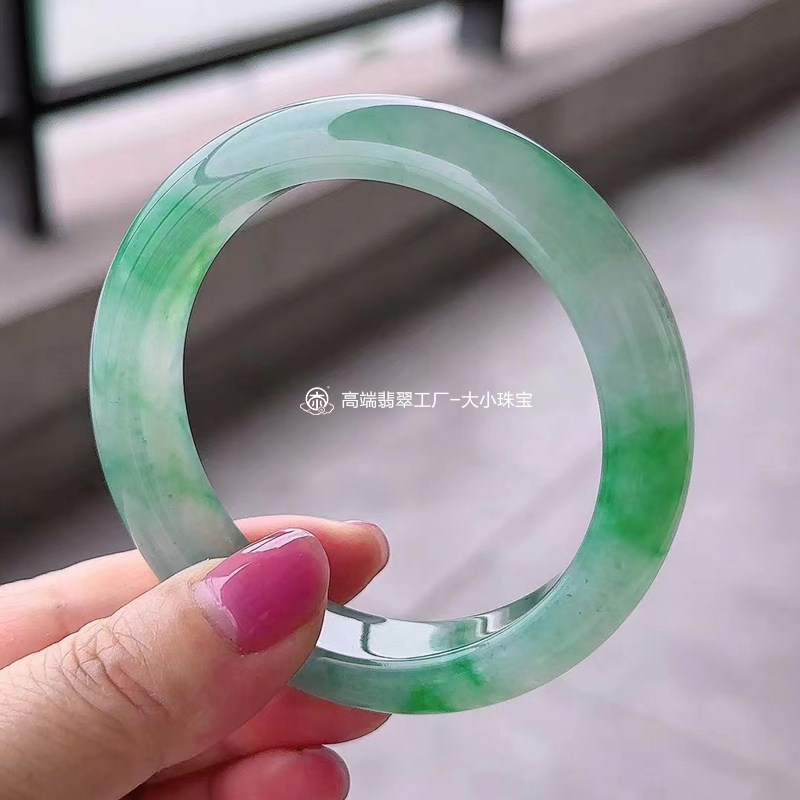 大小珠宝冰糯种起胶飘绿花天然翡翠手镯正圈55.5冰糯阳绿缅甸A货
