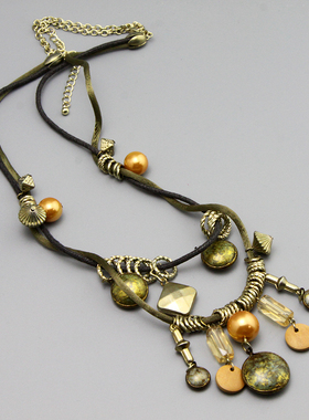 Z复古vintage民族流浪手工编织多层橄榄绿个性项链毛衣链孤品