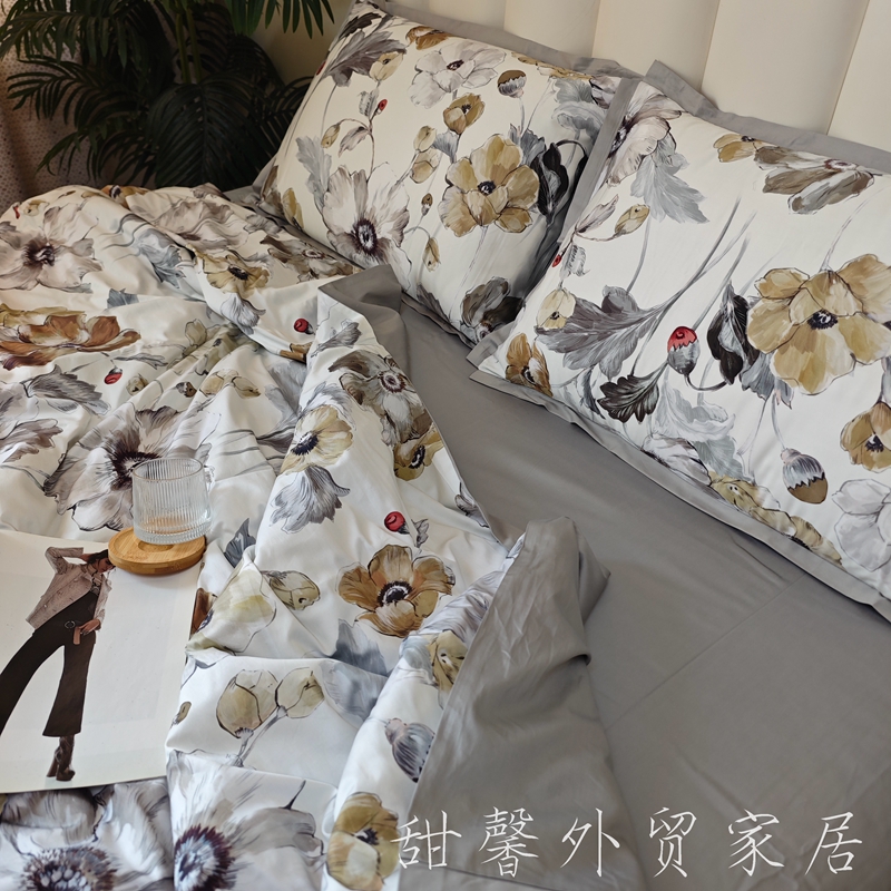 轻奢100支新疆长绒棉四件套 双人小清新花卉款高支纯棉贡缎多件套