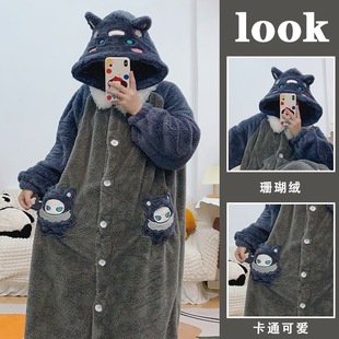 守夜人睡衣可爱睡袍女伊塔猫猫珊瑚绒毛睡衣可外穿新款家居服套装