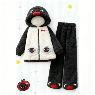 pingu企鹅秋冬季睡袍女珊瑚绒加厚睡衣可爱卡通家居服套装可外穿