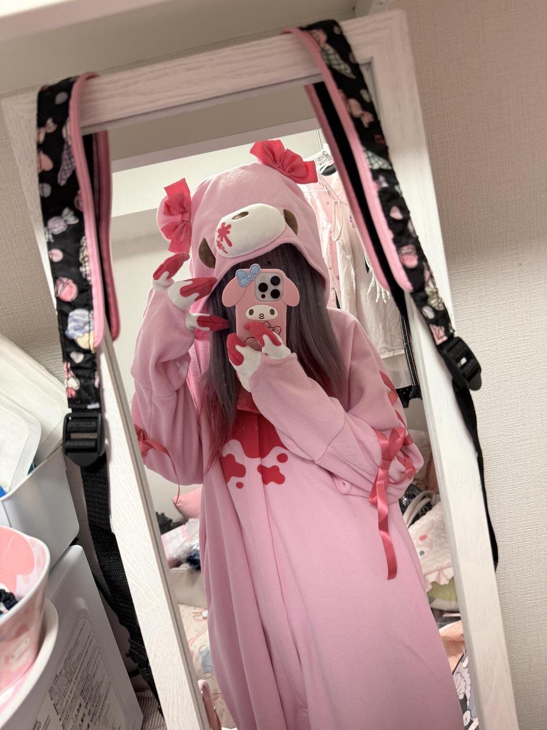 粉色萌系治愈日系暴力熊连体衣睡衣女秋冬卡通连帽家居服可爱睡袍