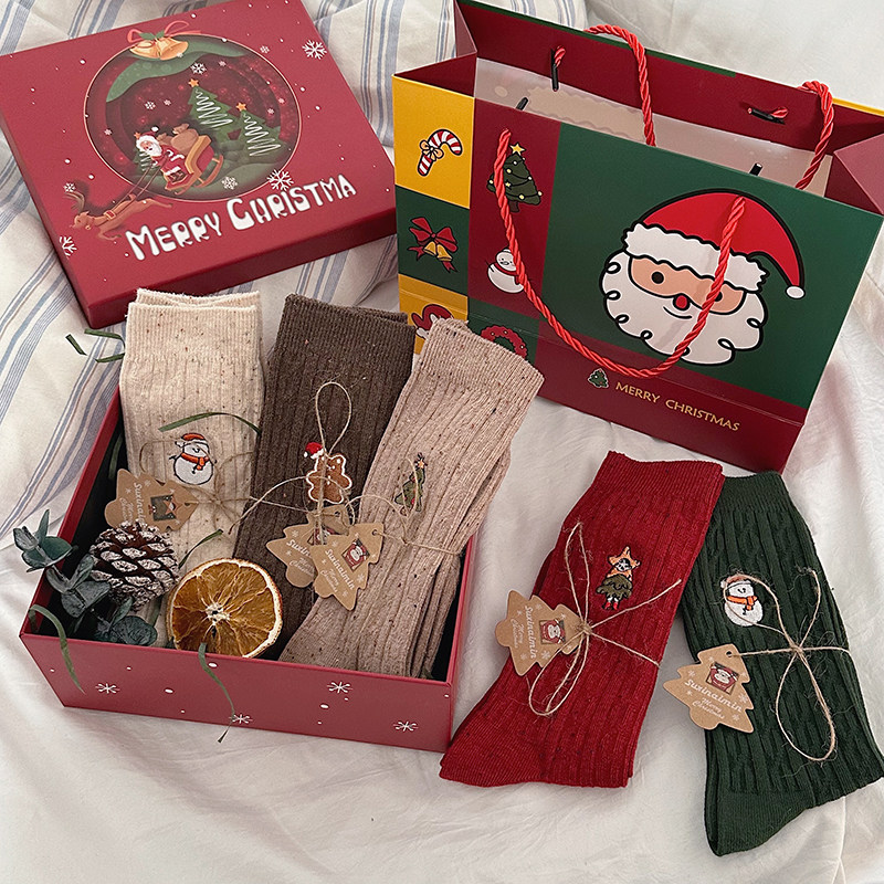 5双礼盒套装圣诞袜创意礼物雪人针织刺绣长袜加厚保暖堆堆袜情侣