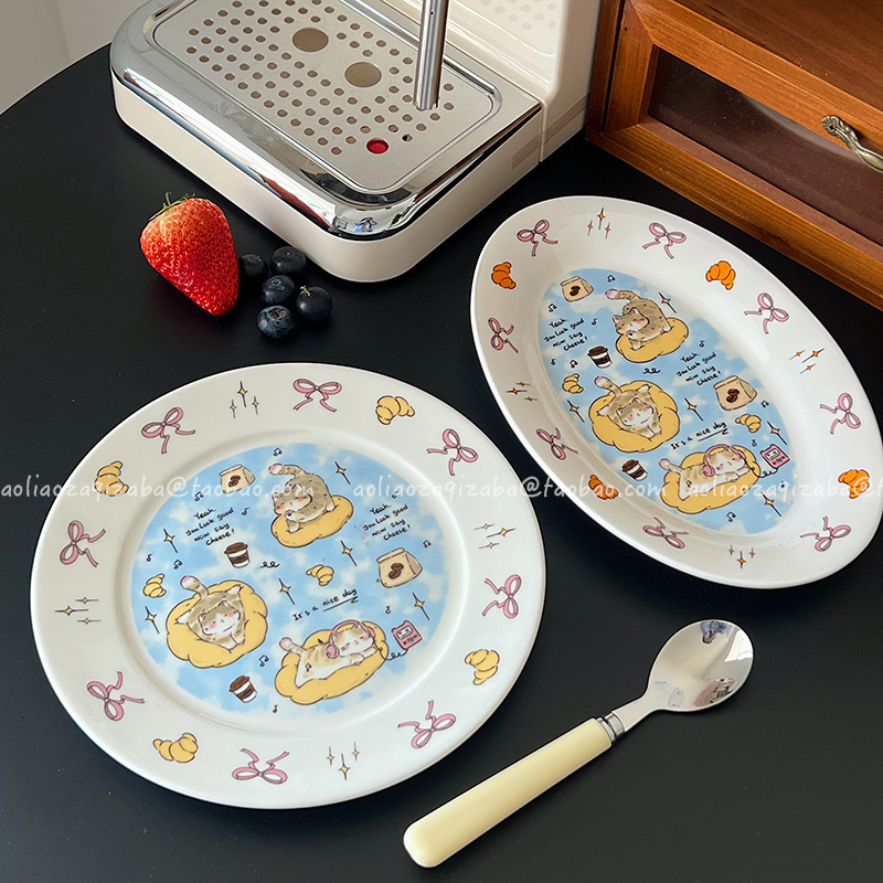 可爱童趣猫咪陶瓷餐盘家用学生宿舍漂亮盘子意面水果盘菜甜品盘