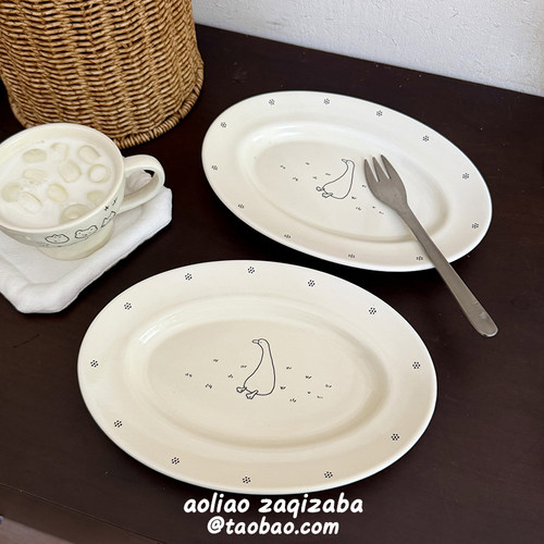 ins风可爱插画大鹅动物甜品盘陶瓷椭圆盘水果盘甜品沙拉盘陶瓷盘
