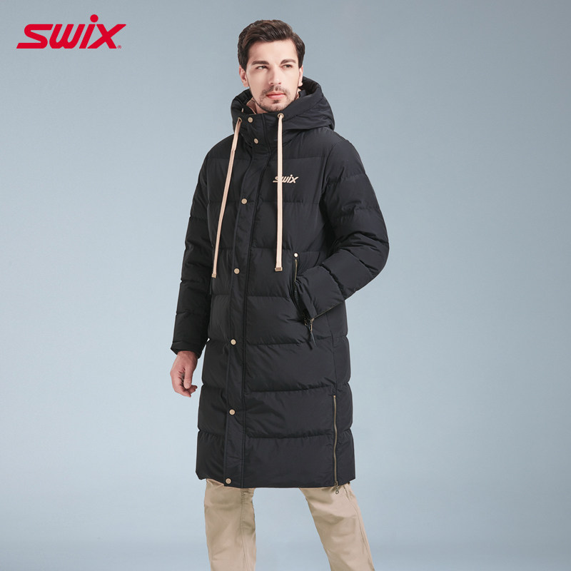 【特价】SWIX冬季长款羽绒服男户外连帽防风保暖鸭绒黑色新款外套