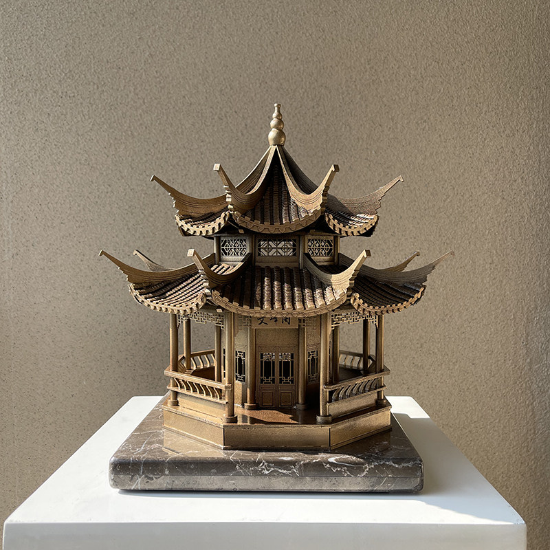 新中式木质仿古风古铜色古建筑模型拼装榫卯结构摆件亭子重檐亭