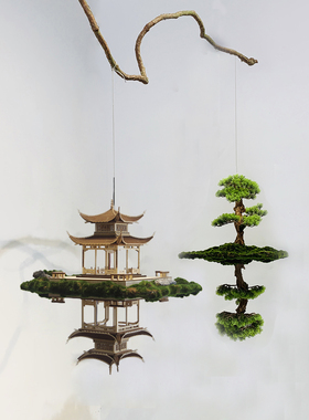 新中式风实木古亭子造景镜像模型