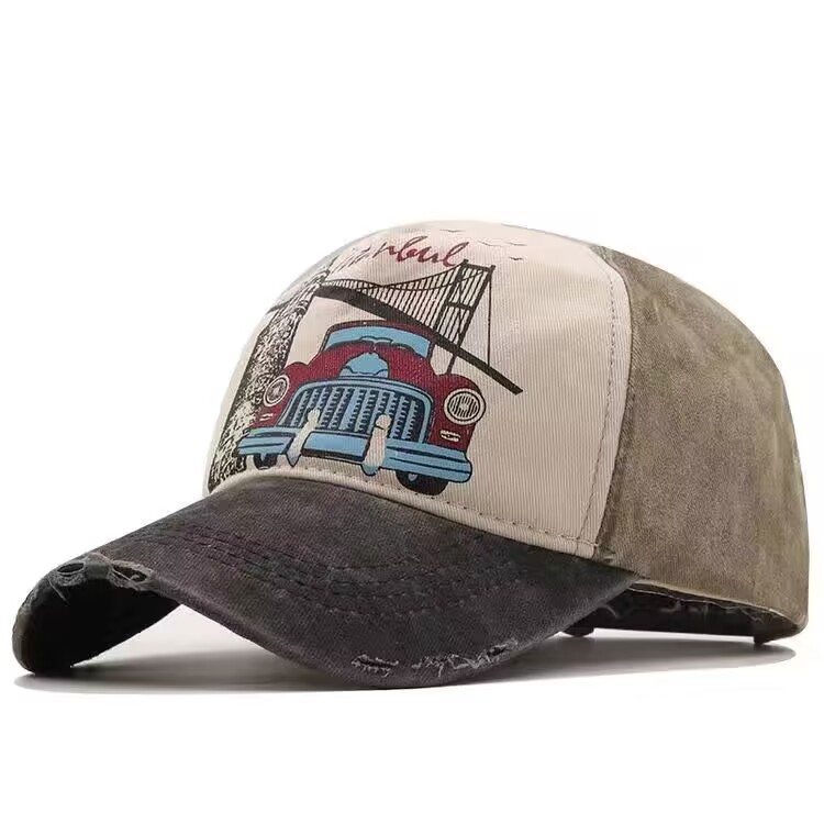 水洗棒球帽男女韩版鸭舌帽英伦破旧户外牛仔布印花做旧帽子