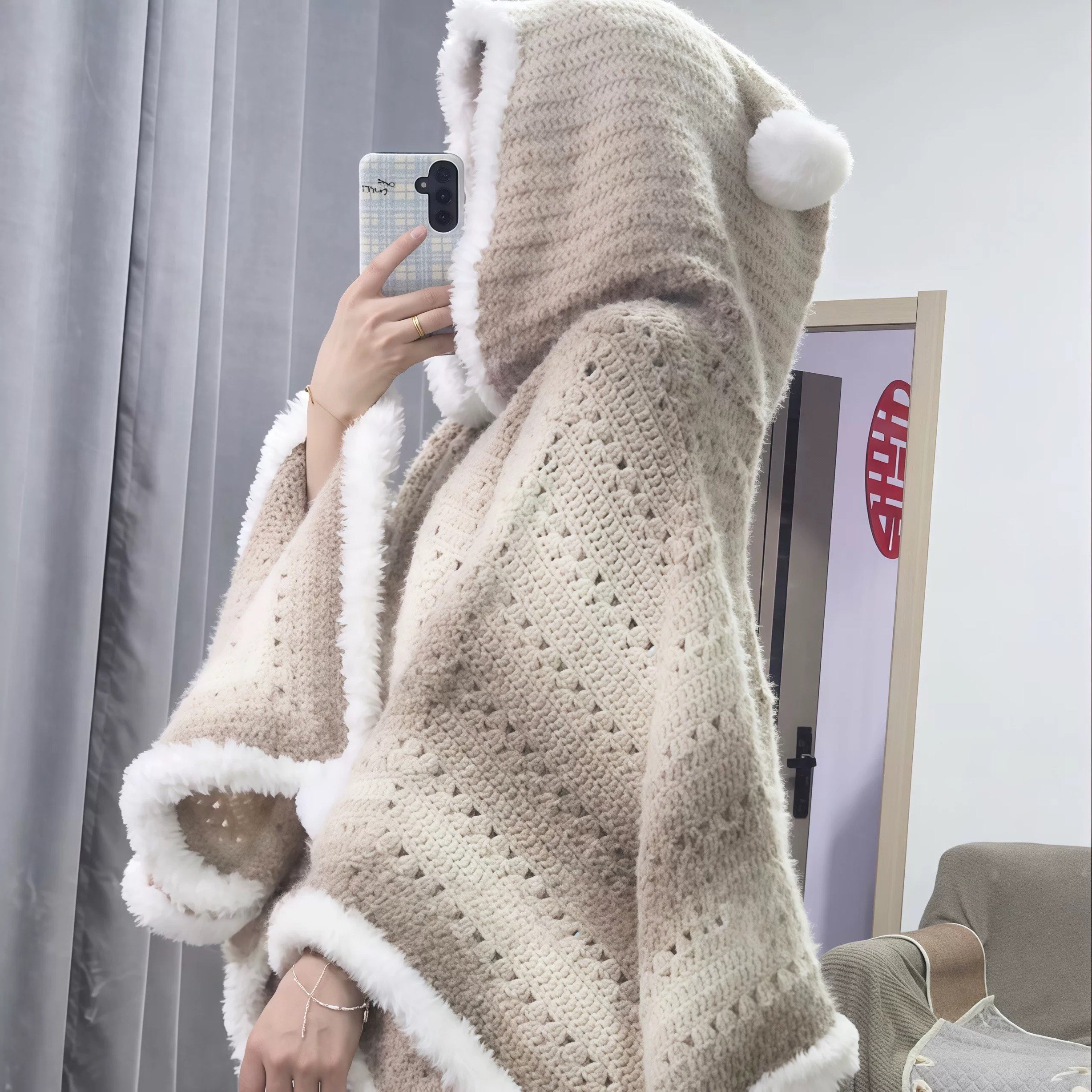 七星毯斗篷手工编织diy材料包渐变毛线钩织连帽款披肩保暖送礼物