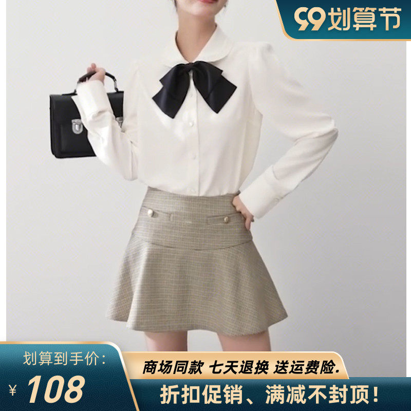 商场同款伊人诗凡黎OL学院风娃娃领衬衫女泡泡袖衬衣蝴蝶结小上衣