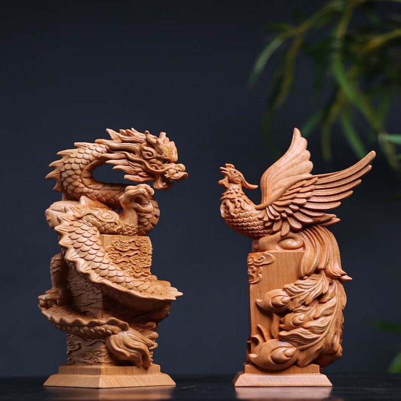 榉木精雕龙凤呈祥摆件青龙凤凰装饰品客厅酒柜电视柜开业乔迁礼品