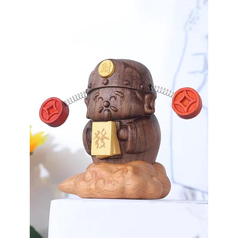 财神爷实木质桌摆创意桌面装饰生日礼物可爱书桌玩偶车载动态摆件