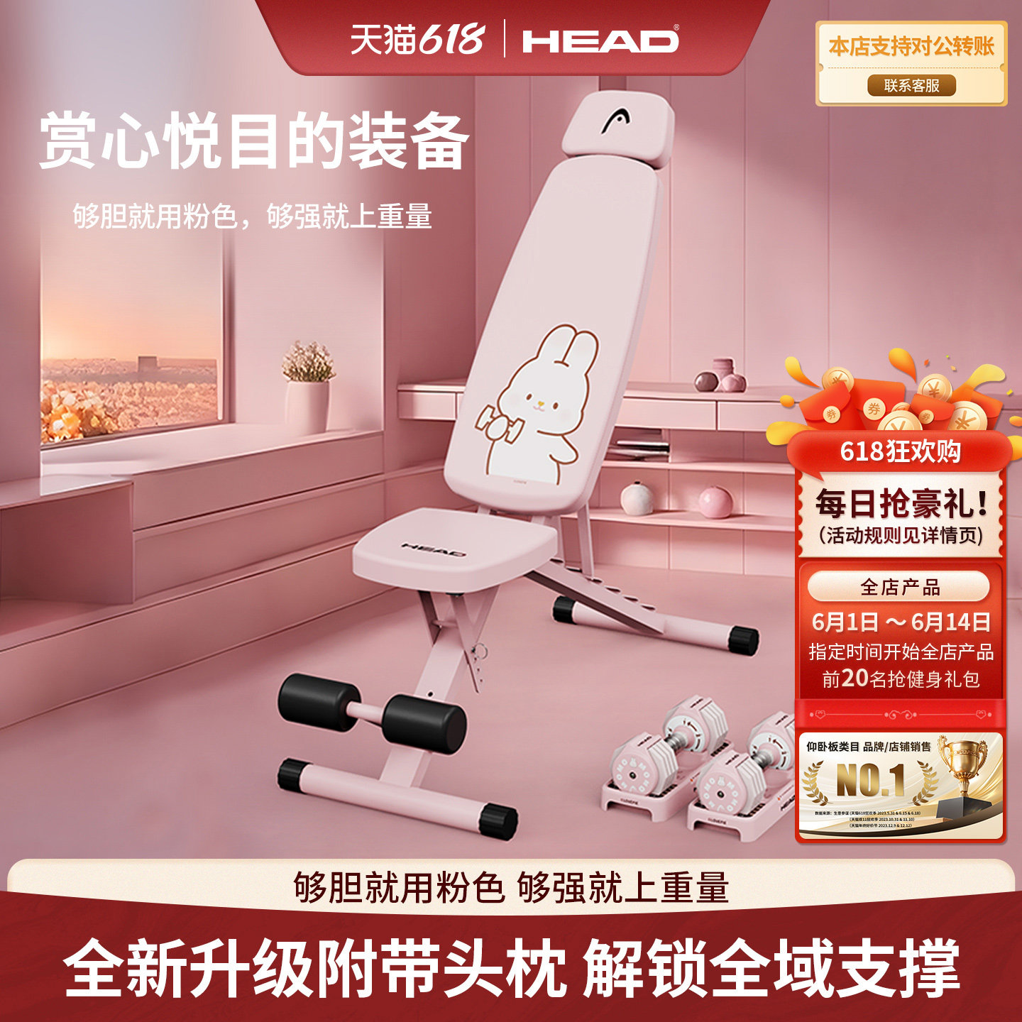 HEAD海德MOMO摸摸兔联名哑铃凳仰卧起坐板腹肌健身椅多功能卧推凳