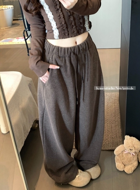 咖色软糯感阔腿运动卫裤女拖地长裤子春秋韩版宽松慵懒垂感休闲裤