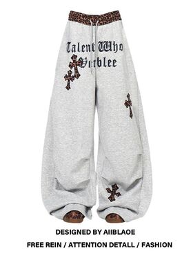 松弛感印花阔腿运动卫裤女拖地长裤子春秋美式高街宽松爵士休闲裤