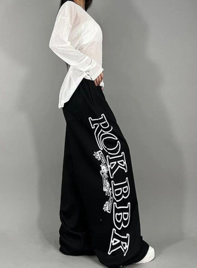 字母印花阔腿运动卫裤女KPOP爵士长裤子春秋hiphop嘻哈慵懒休闲裤