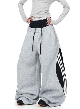 西海岸加绒阔腿运动卫裤女慵懒爵士长裤子春秋美式街头宽松休闲裤